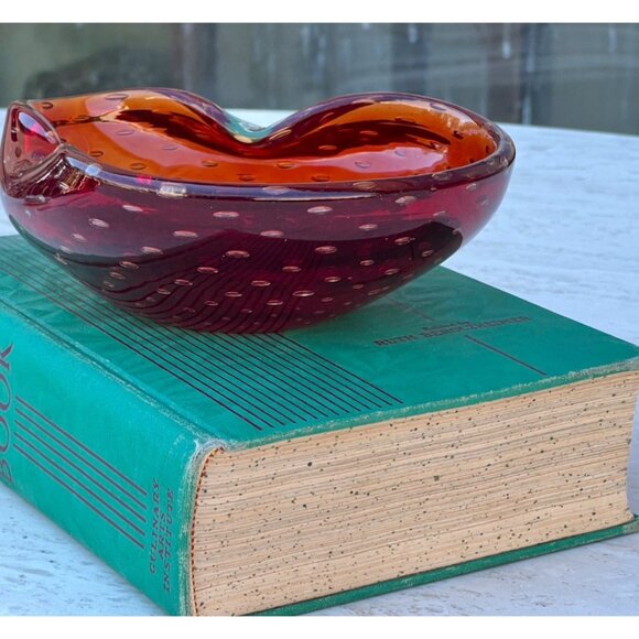 Murano Blown Glass Bowl With Bucillante Bubbles Red 6.25"x5.75"x2.25" Italy Gift - Picture 9 of 16